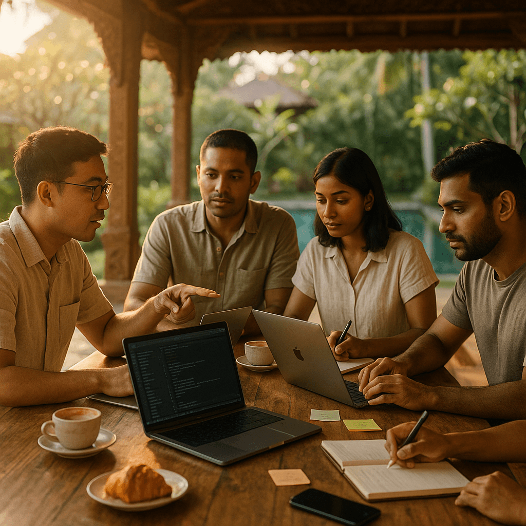 Founders collaborating at a Bali villa bootcamp
